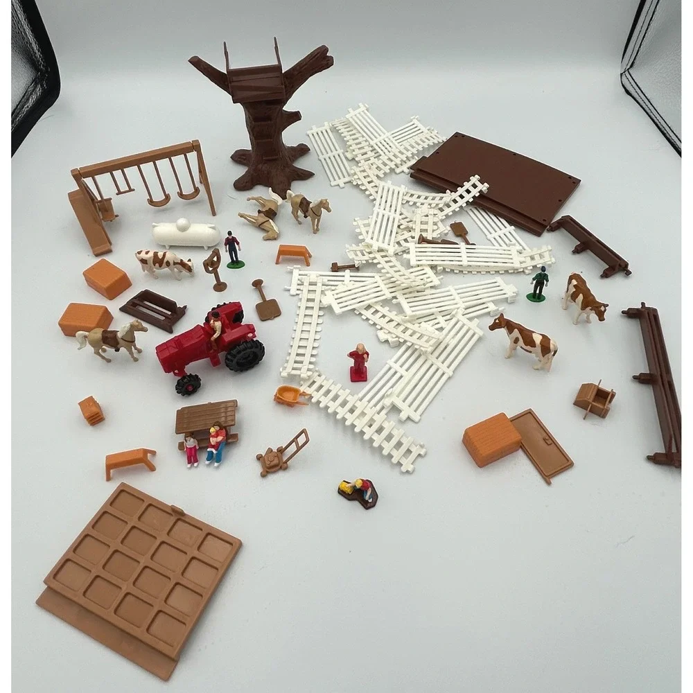 Vintage Miniature Farm Playset Lot Red Tractor Animals Fencing Treehouse Figures